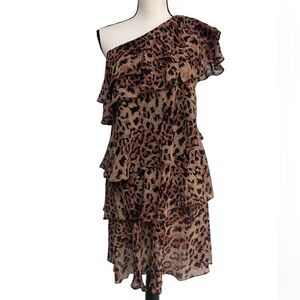 Rachel Zoe Leopard Print Tiered Ruffled One Shoulder Mini Dress size 2